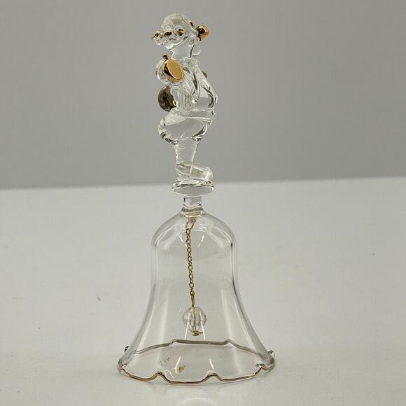 Clear Glass Lead Crystal Dinner Bell w/ Clown on Top Gold Accent 5 inch Tall - Picture 4 of 10